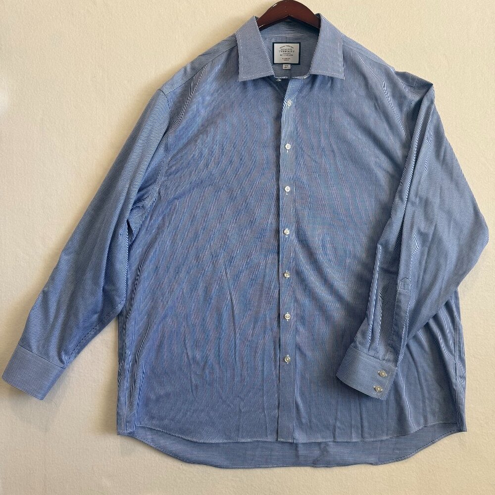 Charles Tyrwhitt Shirt Mens XXXL Blue/White Dress Button Up Classic Fit Non Iron